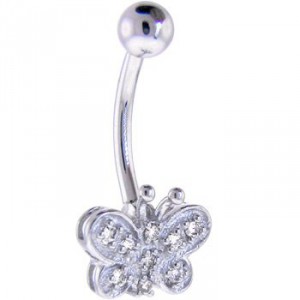 Solid 14ct White Gold Real Diamond Butterfly Belly Bar