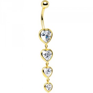 14ct Yellow Gold & Zirconia Quadruple Heart 14G Belly Bar