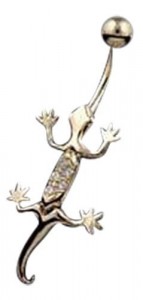 9 Carat Gold Belly Bar With Crystal Gecko Design by Red Equinox