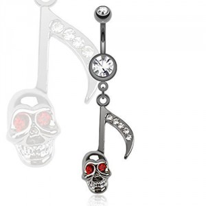 Surgical Stainless Steel Belly Bar with Black & Silver Skull