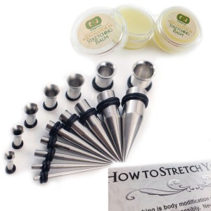 10 Piece Stainless Steel Ear Stretching Kit with Gauge Gear Ear Stretching Balm