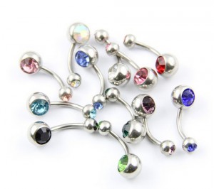 14G Stainless Steel Double Jeweled Crystal Belly Bar x12
