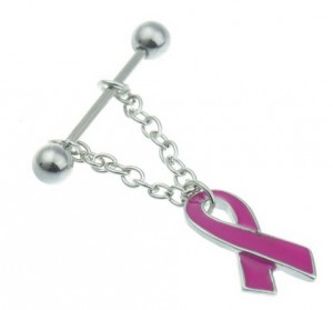 Pair Steel 14G Nipple Bar with Pink Awareness Ribbon